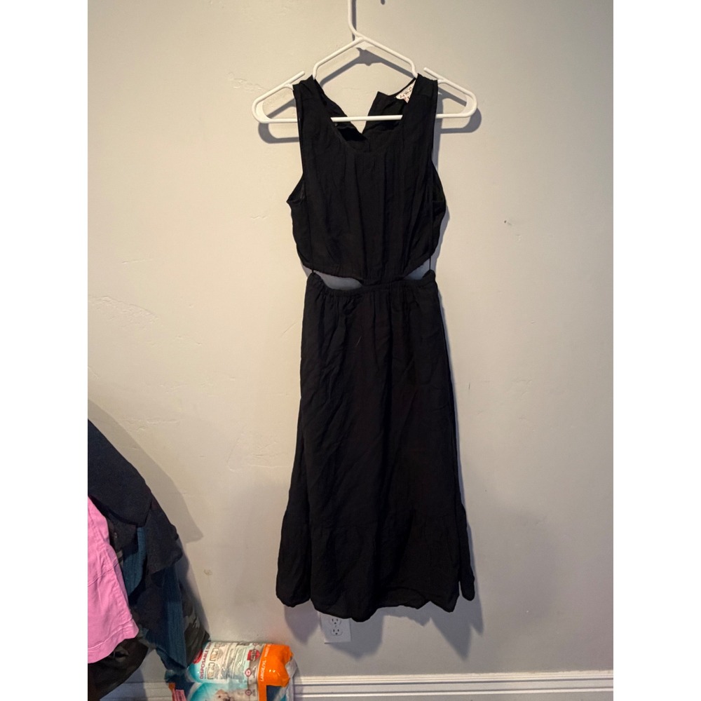 By The River Black Cutout Sleeveless Midi Dress Size S Button Back Tiered Skirt